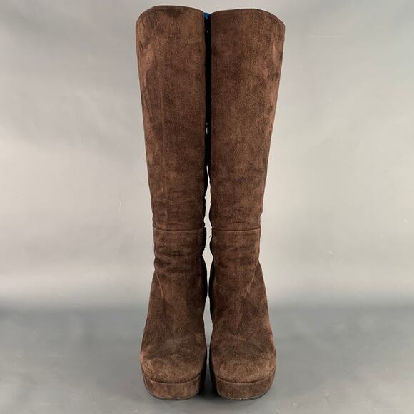 BARNEY'S CO-OP Size 9 Brown Suede Calf High Platform Stiletto Boots - Picture 4 of 8